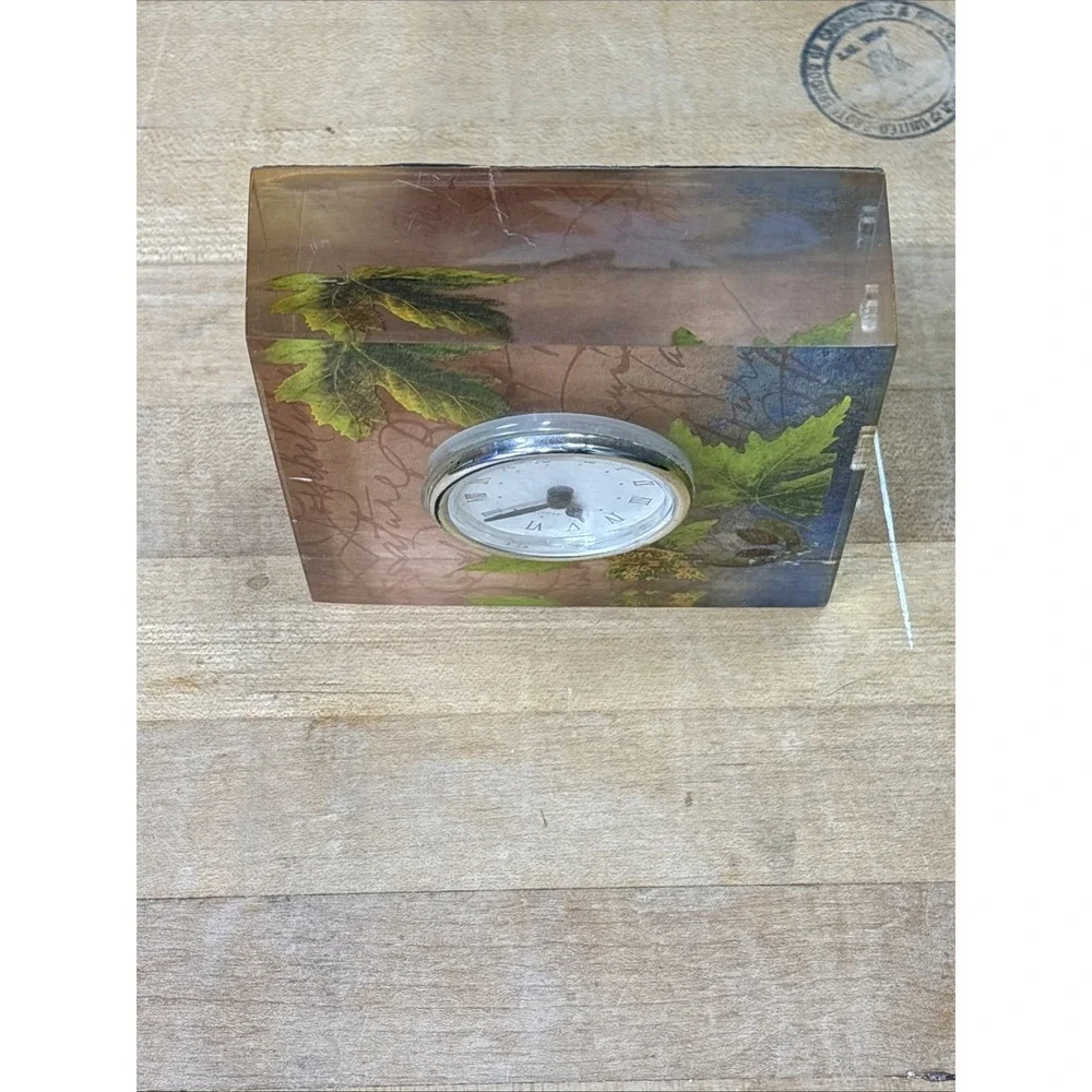 Vintage MCM K&K Craft Quartz Desk Clock Lucite Autumn Leaves Made in China